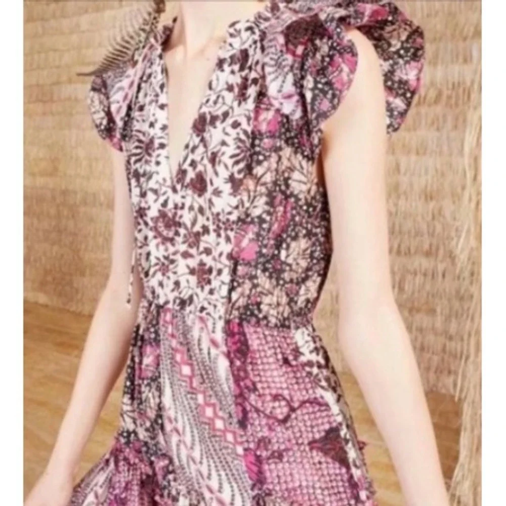 Ulla Johnson Asis Midi Dress Cotton Silk Batik Floral Tiered Purple Fuchsia 0